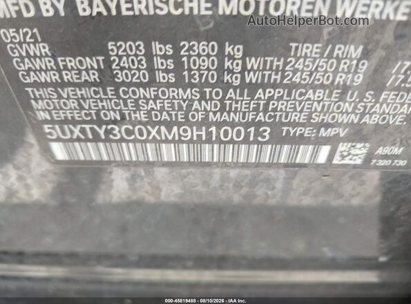 5UXTY3C0XM9H10013 2021 BMW X3 Black Շարժիչի բաժամունքի տեսք