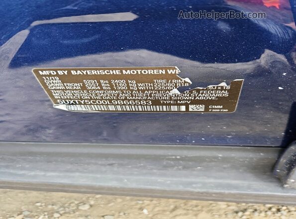 5UXTY5C00L9B66583 2020 BMW X3 Blue VIN კოდის სტიკერის ხედი