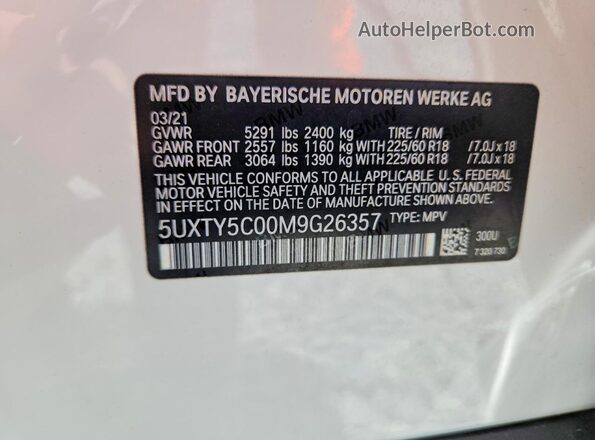 5UXTY5C00M9G26357 2021 BMW X3 White Vista del compartimento del motor