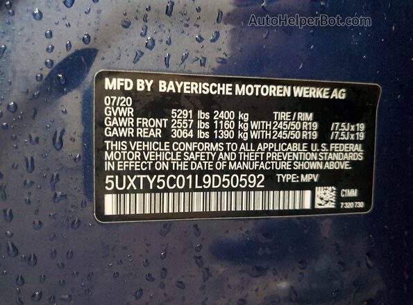 5UXTY5C01L9D50592 2020 BMW X3 Blue VIN sticker view