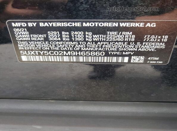 5UXTY5C02M9H65860 2021 BMW X3 Black Vista de la etiqueta del VIN