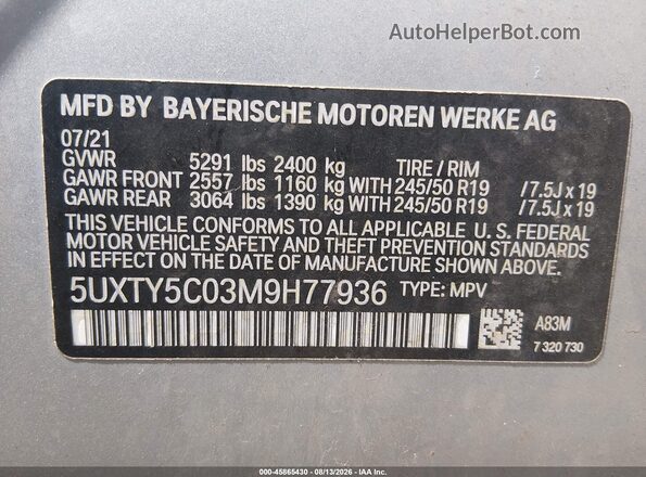 5UXTY5C03M9H77936 2021 BMW X3 Silver Вид підкапотного простору
