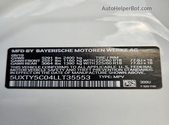 5UXTY5C04LLT35553 2020 BMW X3 White VIN կոդի պիտակի տեսք