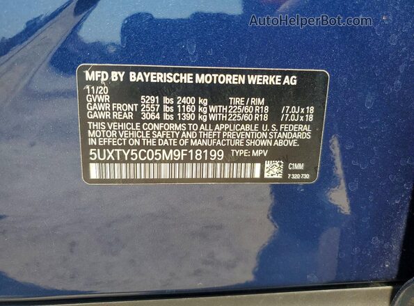 5UXTY5C05M9F18199 2021 BMW X3 Blue სალონის 360-გრადუსიანი ხედი