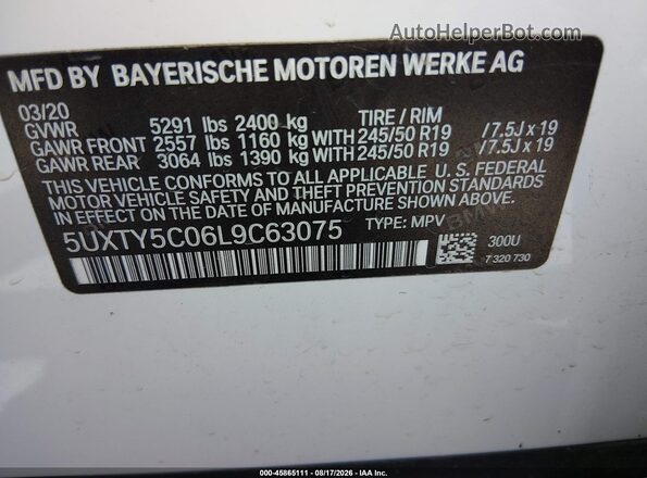 5UXTY5C06L9C63075 2020 BMW X3 White Вид підкапотного простору