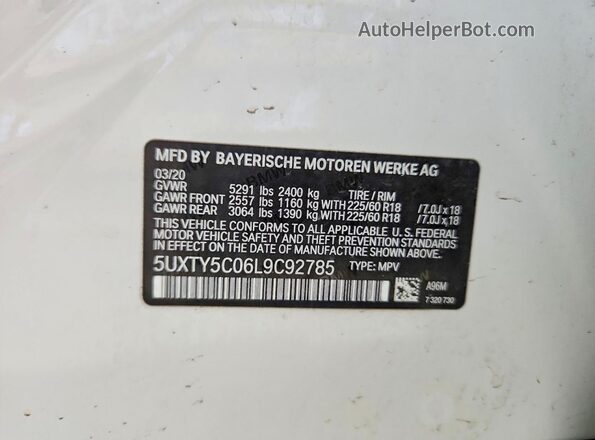 5UXTY5C06L9C92785 2020 BMW X3 Белый Вид наклейки с VIN-кодом