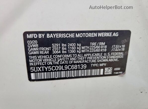 5UXTY5C09L9C68139 2020 BMW X3 White Widok naklejki z numerem VIN