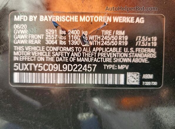 5UXTY5C09L9D22457 2020 BMW X3 Charcoal VIN կոդի պիտակի տեսք