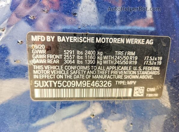5UXTY5C09M9E46326 2021 BMW X3 Blue VIN კოდის სტიკერის ხედი