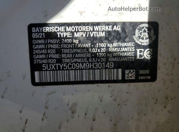 5UXTY5C09M9H30149 2021 BMW X3 White Вид наклейки з VIN-кодом