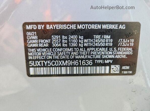 5UXTY5C0XM9H61636 2021 BMW X3 Silver Вид наклейки з VIN-кодом