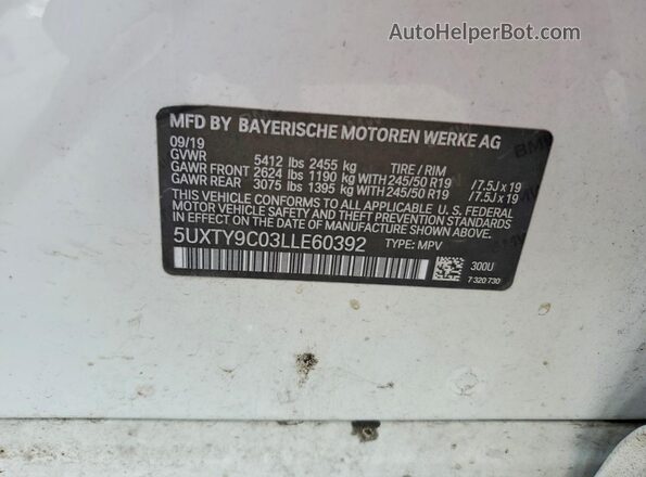 5UXTY9C03LLE60392 2020 BMW X3 White Vista de la etiqueta del VIN