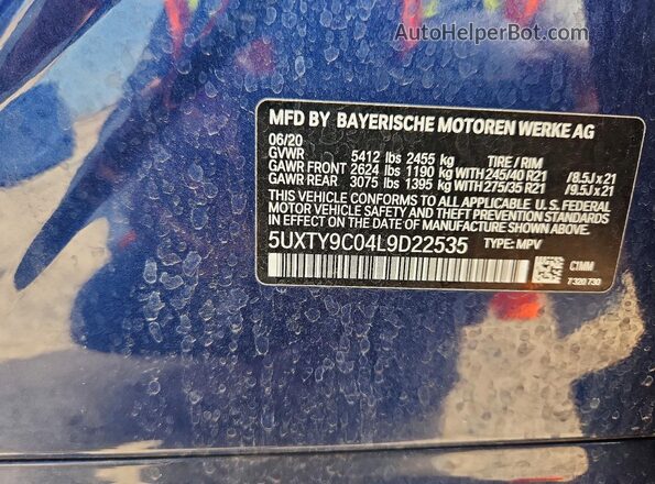 5UXTY9C04L9D22535 2020 BMW X3 Blue Շարժիչի բաժամունքի տեսք