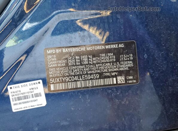 5UXTY9C04LLE59459 2020 BMW X3 Blue Vista interior de 360 grados
