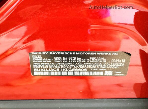 5UXUJ3C51KLG56606 2019 BMW X4 Burgundy Вид наклейки з VIN-кодом