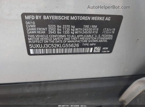 5UXUJ3C52KLG55626 2019 BMW X4 Silver Вид підкапотного простору