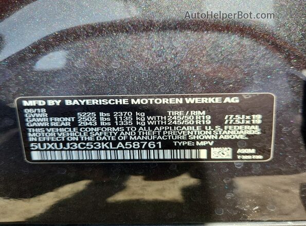 5UXUJ3C53KLA58761 2019 BMW X4 Charcoal Widok naklejki z numerem VIN