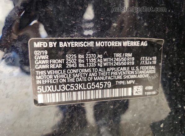 5UXUJ3C53KLG54579 2019 BMW X4 Black Вид наклейки з VIN-кодом