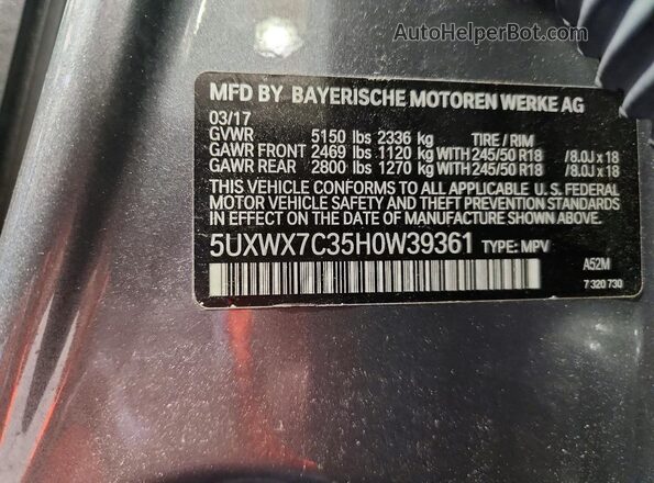 5UXWX7C35H0W39361 2017 BMW X3 Gray Панорамний вид салону 360°