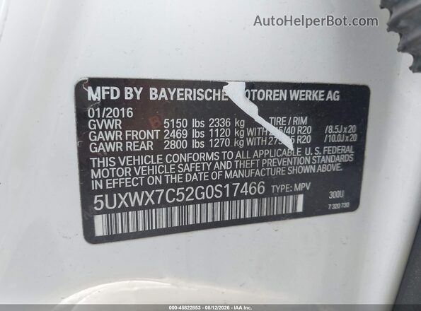 5UXWX7C52G0S17466 2016 BMW X3 White ძრავის განყოფილების ხედი