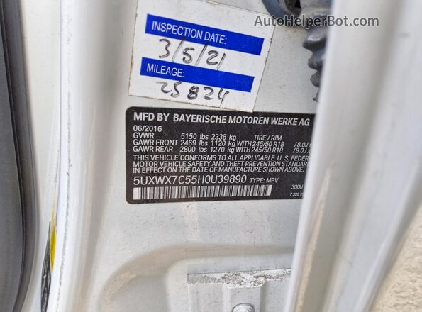 5UXWX7C55H0U39890 2017 BMW X3 White VIN կոդի պիտակի տեսք
