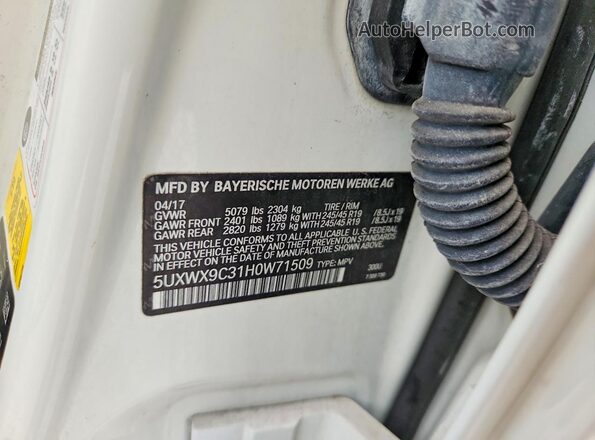 5UXWX9C31H0W71509 2017 BMW X3 White VIN კოდის სტიკერის ხედი