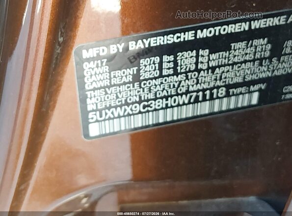 5UXWX9C38H0W71118 2017 BMW X3 Brown Widok komory silnika