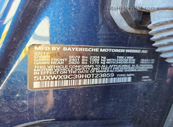 5UXWX9C39H0T23859 2017 BMW X3 Blue Вид наклейки з VIN-кодом