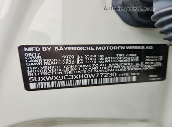 5UXWX9C3XH0W77230 2017 BMW X3 White Вид наклейки з VIN-кодом