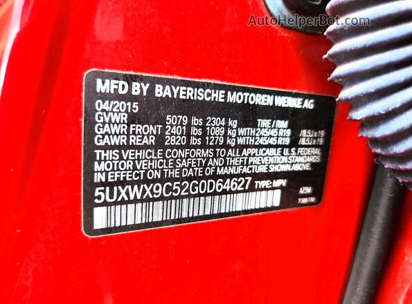 5UXWX9C52G0D64627 2016 BMW X3 Red Вид наклейки з VIN-кодом