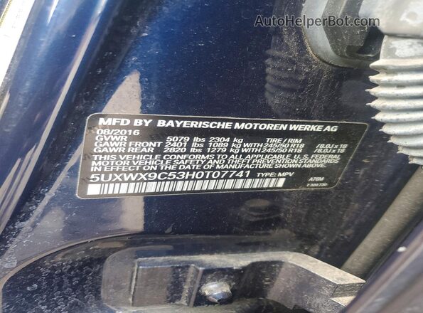 5UXWX9C53H0T07741 2017 BMW X3 Blue VIN sticker view