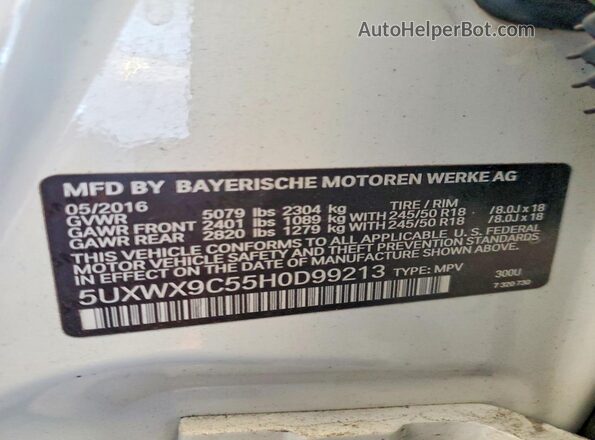 5UXWX9C55H0D99213 2017 BMW X3 White VIN კოდის სტიკერის ხედი