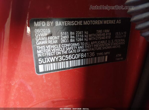 5UXWY3C56G0F84136 2016 BMW X3 Красный Вид подкапотного пространства