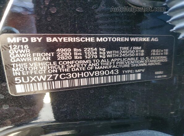 5UXWZ7C30H0V89043 2017 BMW X3 Black Vista de la etiqueta del VIN