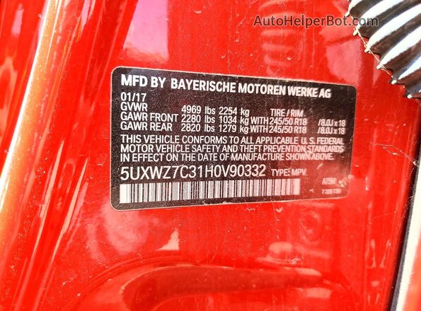 5UXWZ7C31H0V90332 2017 BMW X3 Red VIN sticker view