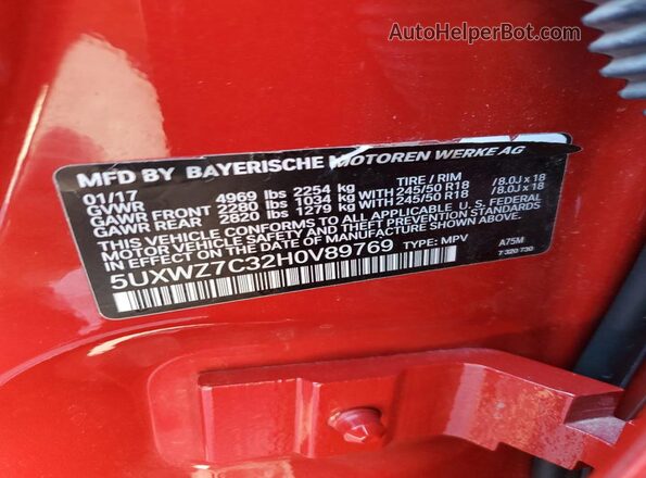 5UXWZ7C32H0V89769 2017 BMW X3 Красный Вид наклейки с VIN-кодом