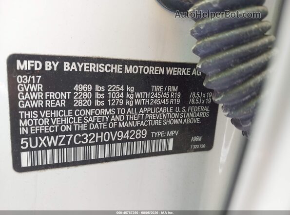 5UXWZ7C32H0V94289 2017 BMW X3 White Շարժիչի բաժամունքի տեսք