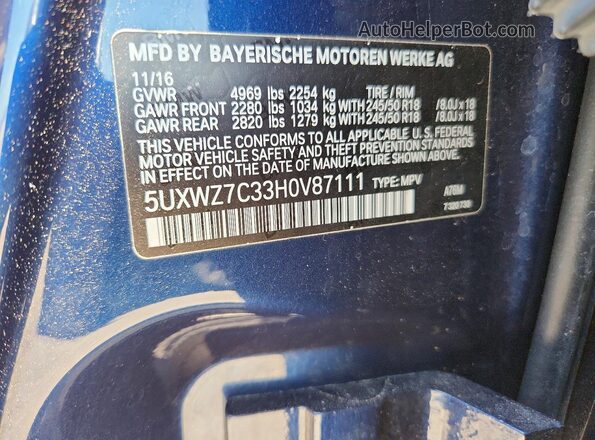5UXWZ7C33H0V87111 2017 BMW X3 Blue Engine compartment view