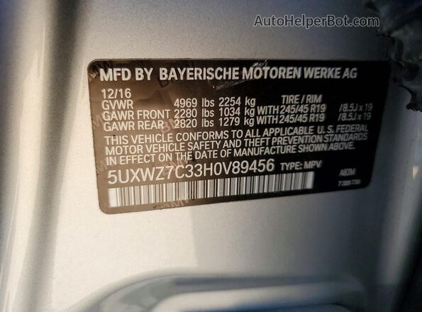 5UXWZ7C33H0V89456 2017 BMW X3 Серебряный Вид наклейки с VIN-кодом