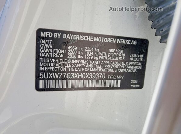 5UXWZ7C3XH0X39370 2017 BMW X3 Белый Вид наклейки с VIN-кодом