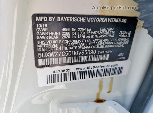 5UXWZ7C50H0V85690 2017 BMW X3 White Vista de la etiqueta del VIN