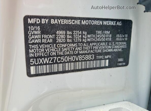 5UXWZ7C50H0V85883 2017 BMW X3 White VIN կոդի պիտակի տեսք