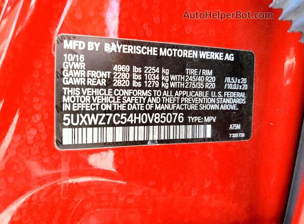 5UXWZ7C54H0V85076 2017 BMW X3 Red Vista de la etiqueta del VIN