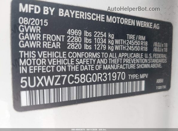 5UXWZ7C58G0R31970 2016 BMW X3 White Вид підкапотного простору