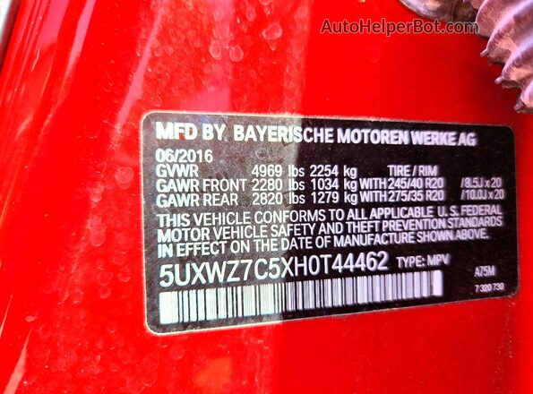 5UXWZ7C5XH0T44462 2017 BMW X3 Red Vista de la etiqueta del VIN