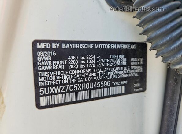 5UXWZ7C5XH0U45596 2017 BMW X3 White Вид наклейки з VIN-кодом