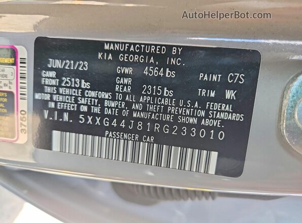 5XXG44J81RG233010 2024 KIA K5 Gray Widok komory silnika
