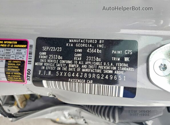 5XXG44J89RG249651 2024 KIA K5 Gray VIN sticker view