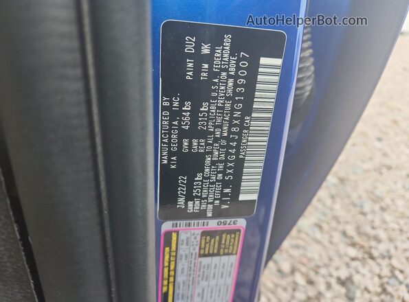 5XXG44J8XNG139007 2022 KIA K5 Blue Vista del compartimento del motor