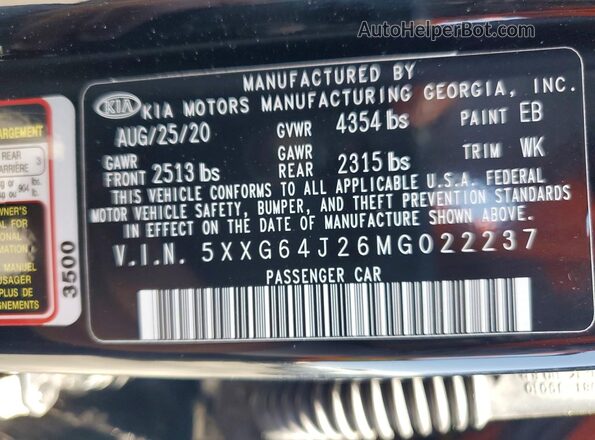 5XXG64J26MG022237 2021 KIA K5 Black Շարժիչի բաժամունքի տեսք